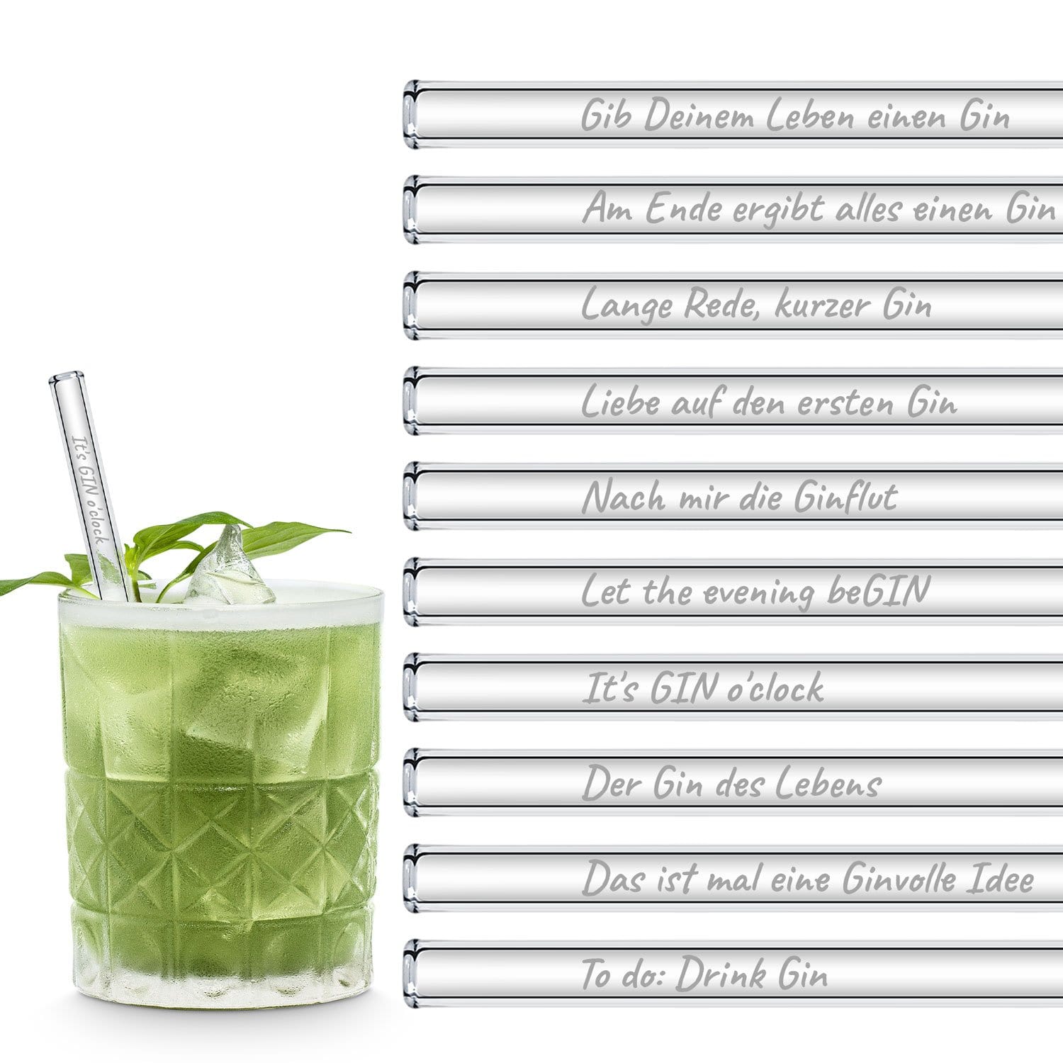 Gin Cocktail Glasstrohhalme Party Set mit 20 Gin Sprüchen & Zitaten - 20 Glastrinkhalme