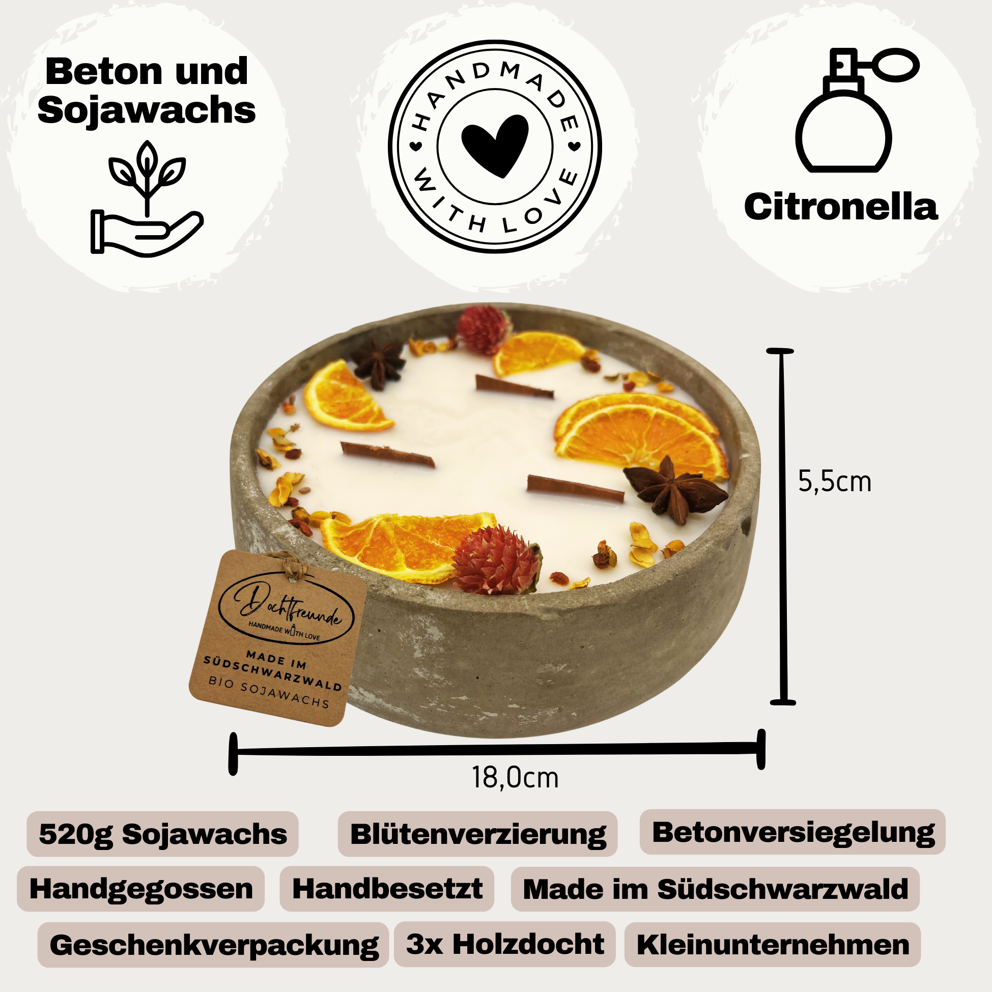 Handbesetze XXL Outdoor Citronella-Betonkerze „Big Grey