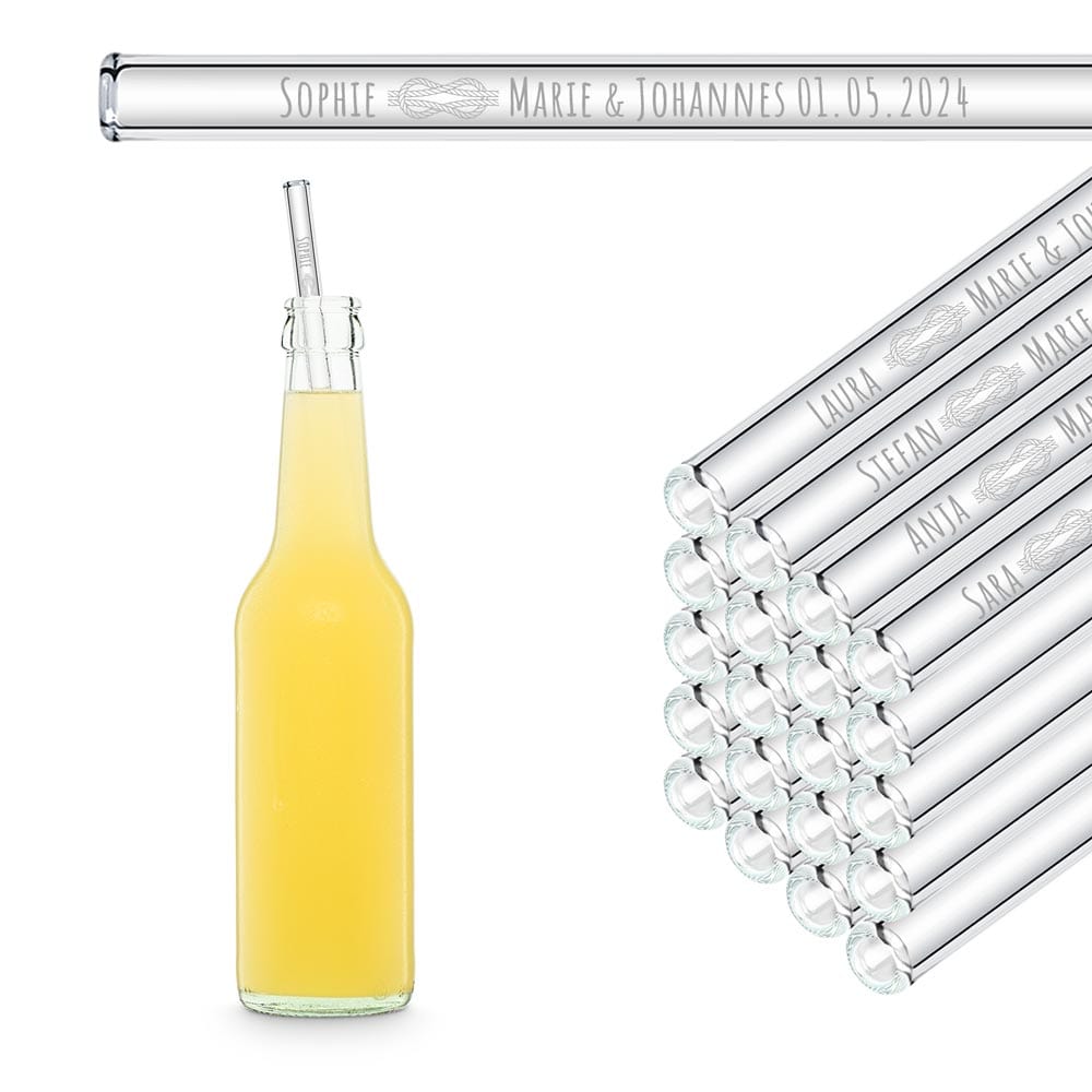 Glasstrohhalme mit 20 individuellen Namen Text - Gastgeschenk für Hochzeit, Kommunion oder Familienfeier