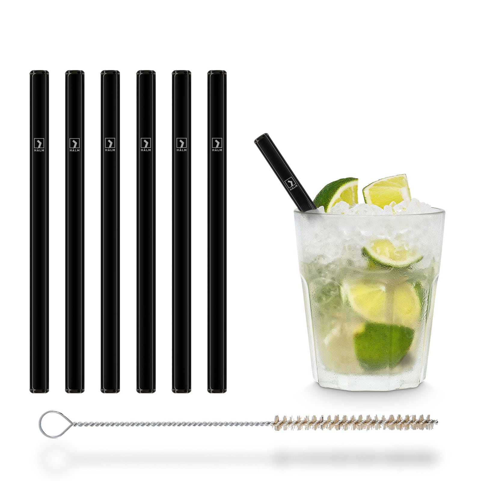 6x 15cm kurze schwarze Glasstrohhalme (gerade)