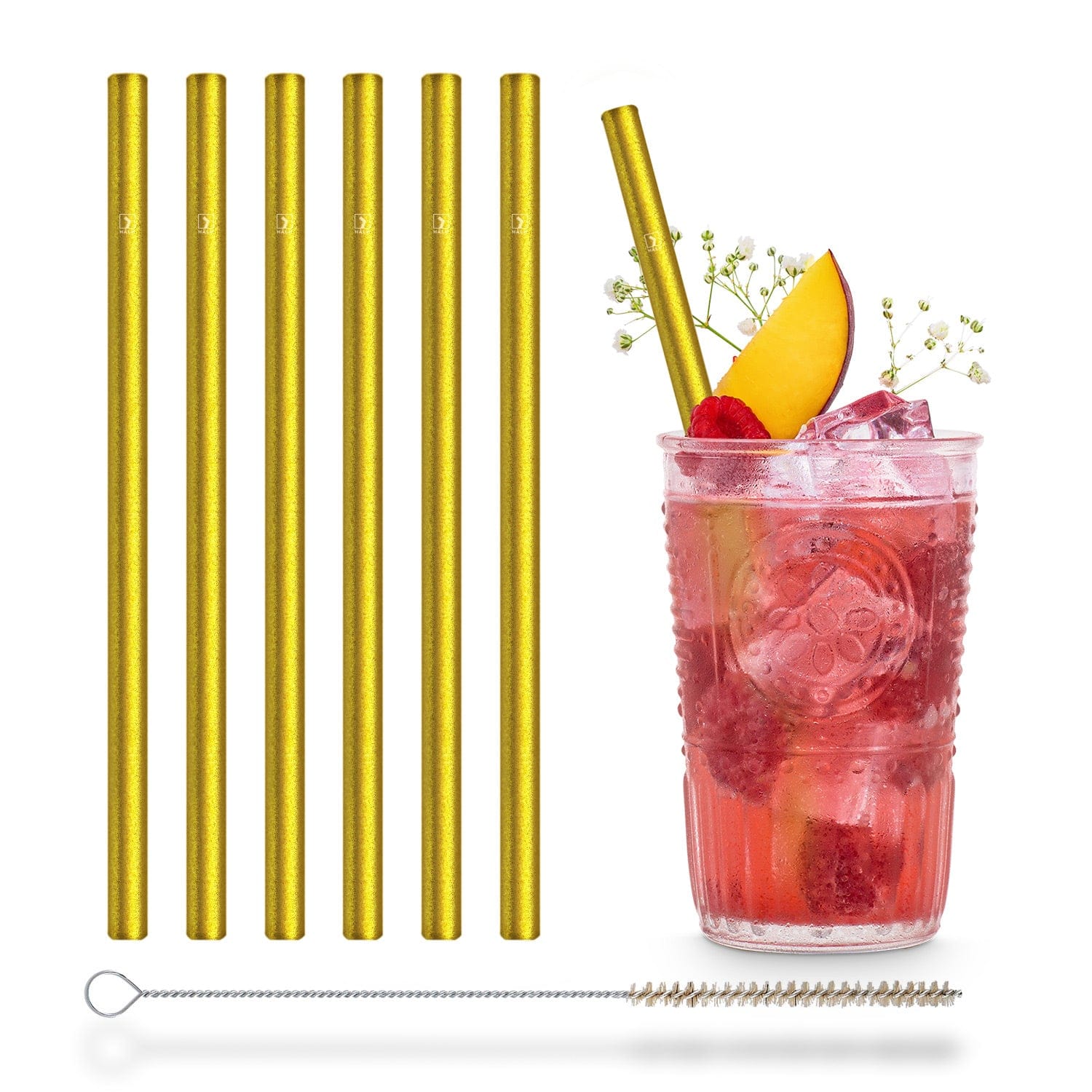 Gold Glasstrohhalme 6x 20cm Gerade Goldener Glitzer