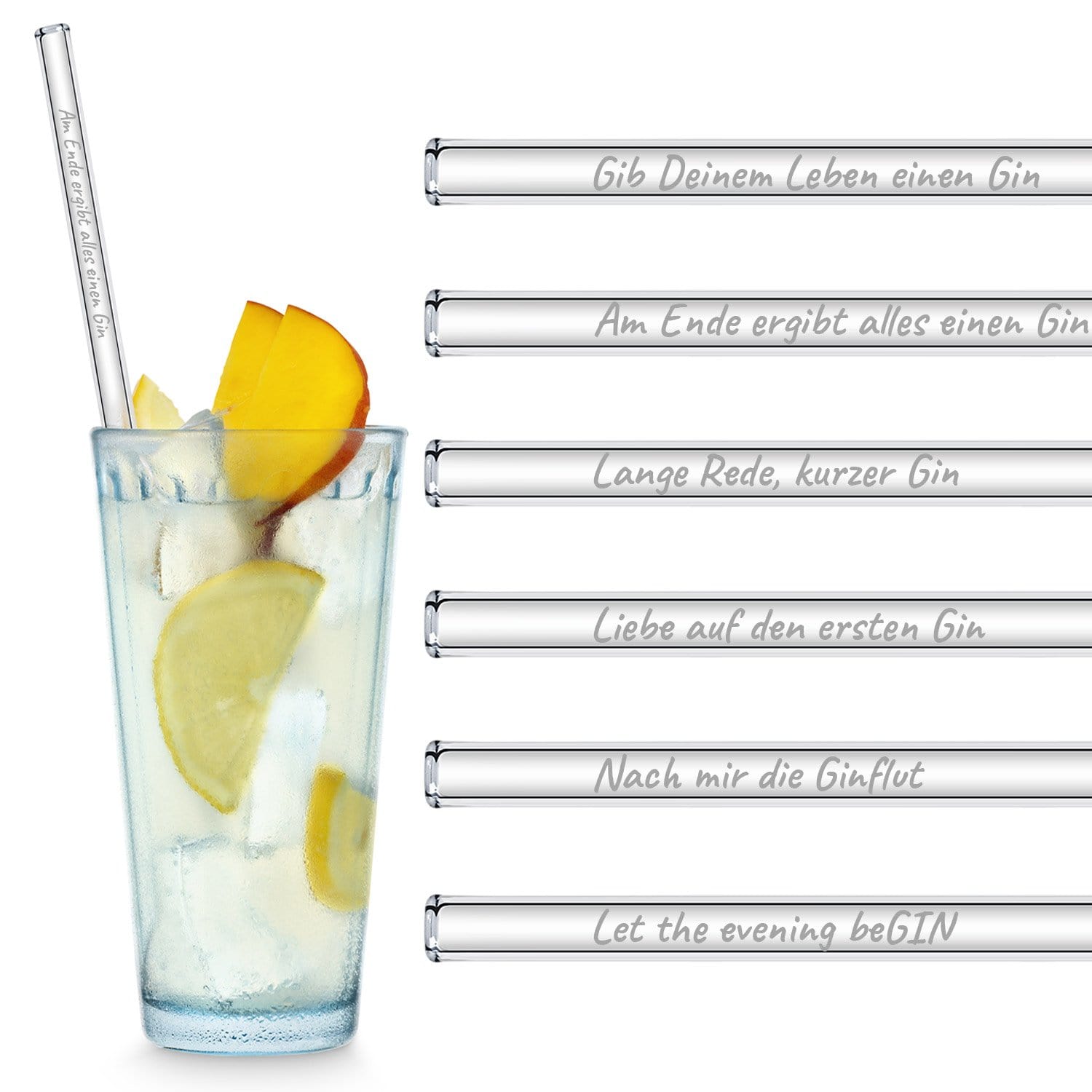 Gin Edition 6x Glasstrohhalme mit gravierten Gin-Sprüchen in Deutsch 15cm, 20cm und 23cm