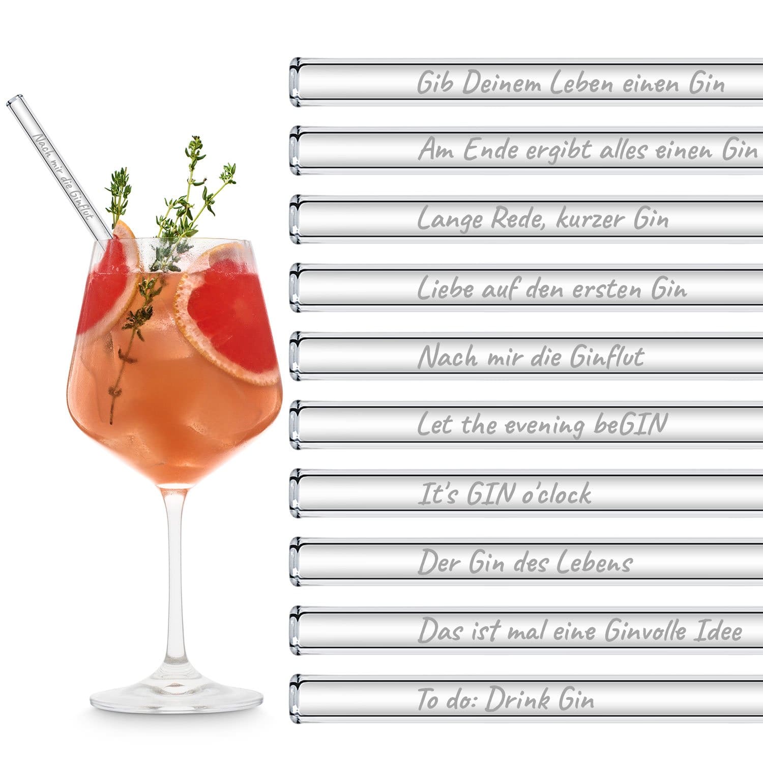 Gin Cocktail Glasstrohhalme Party Set mit 20 Gin Sprüchen & Zitaten - 20 Glastrinkhalme