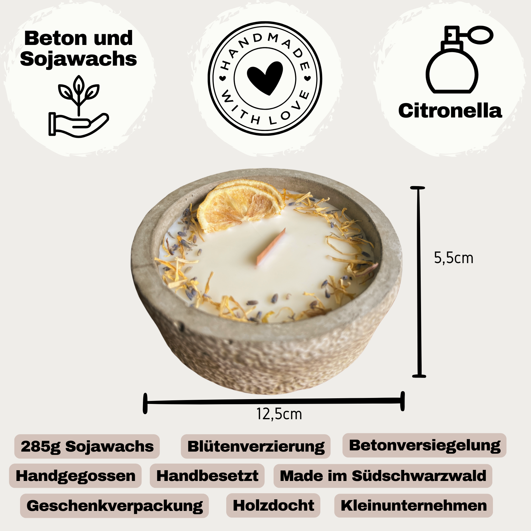 Black Edition Handgemachte Citronella Betonkerze – Nr. 1