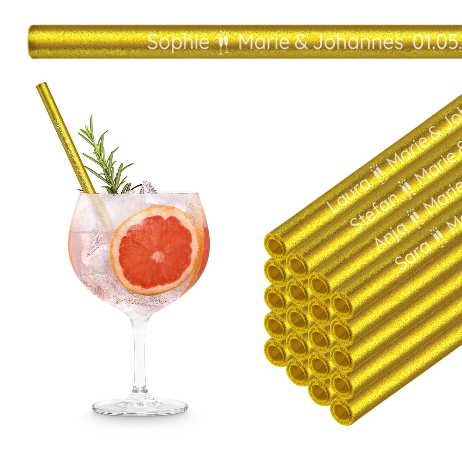 Glasstrohhalme mit 20 individuellen Namen Text - Gastgeschenk für Hochzeit, Kommunion oder Familienfeier