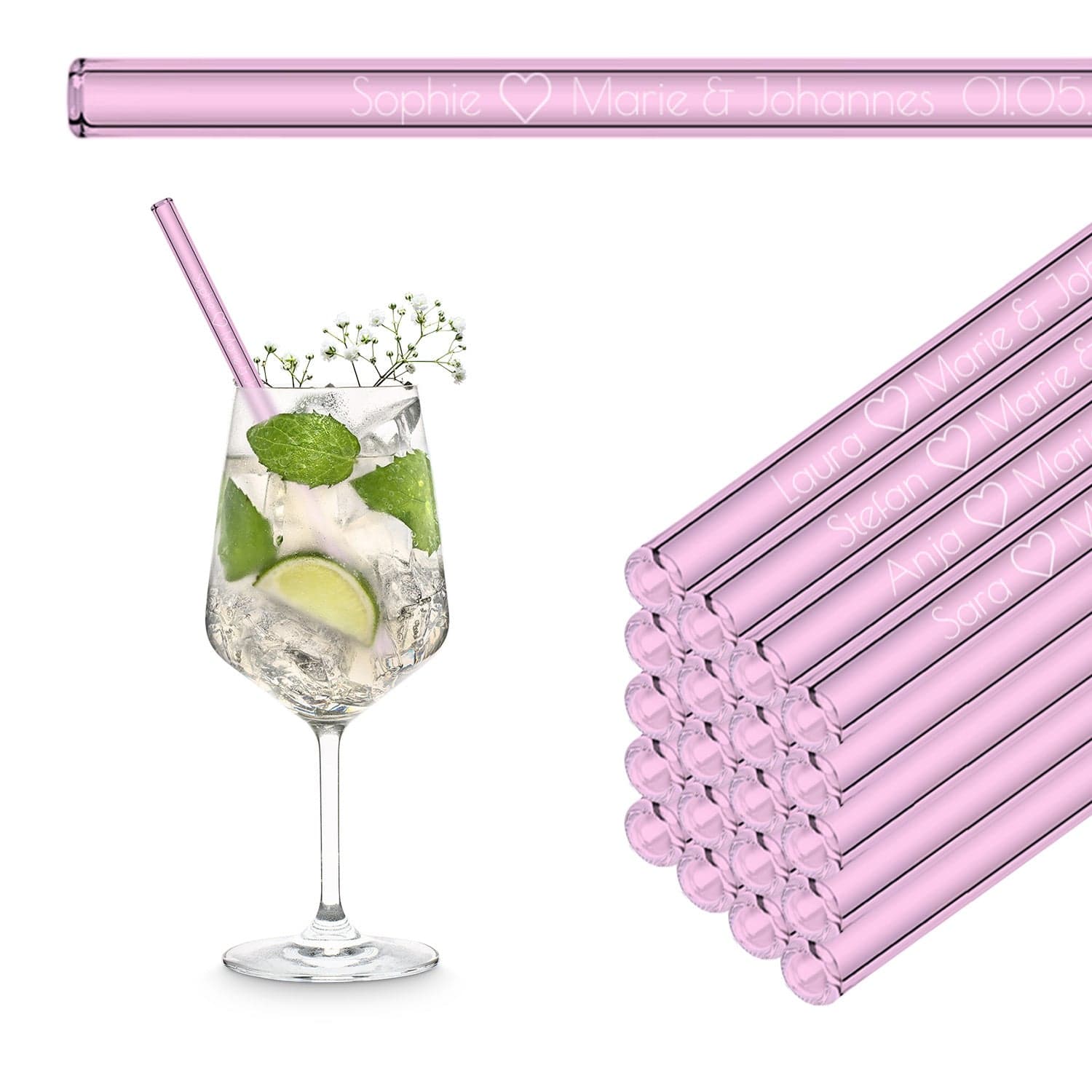 Glasstrohhalme mit 20 individuellen Namen Text - Gastgeschenk für Hochzeit, Kommunion oder Familienfeier