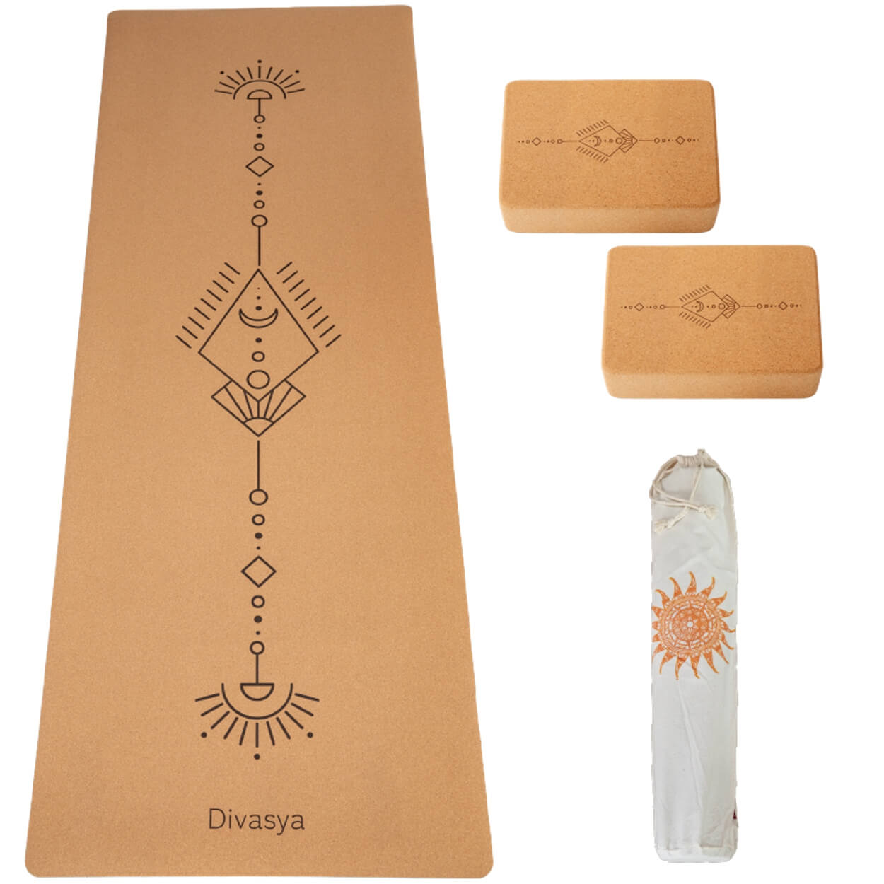 Yoga Set STARTER: Kork Yogamatte mit 2x Yogablock, Tragegurt, Schutzhülle