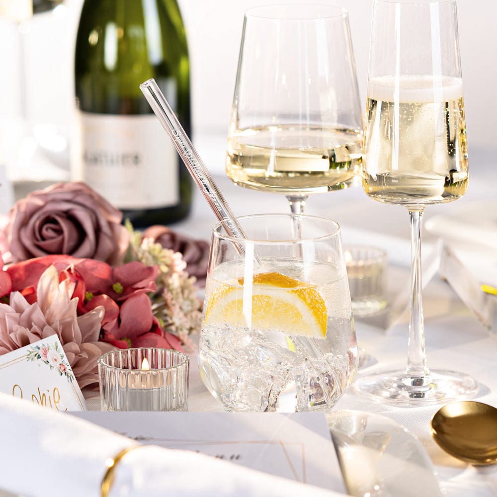 Glasstrohhalme mit 20 individuellen Namen Text - Gastgeschenk für Hochzeit, Kommunion oder Familienfeier